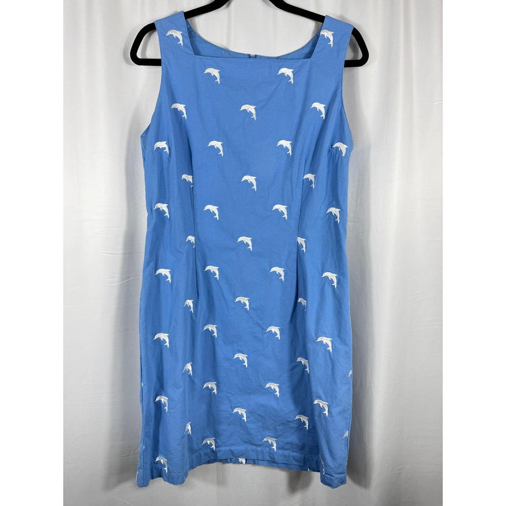 Tommy Hilfiger Vintage Blue Dolphin Embroidered Cotton Shift Dress Womens 12